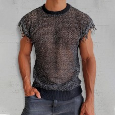 Men's Sexy Fringe Mesh Sheer Sleeveless Top