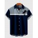 Grey And Blue Stitching Coconut Tree Printing Men's Short Sleeve Shirt